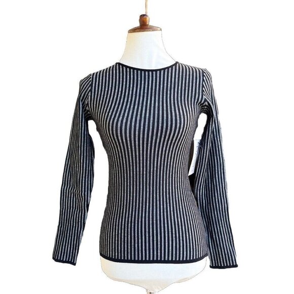 RVN Womens Black Striped Ribbed Long Sleeve Stretch Knit Striped Top  Dash - Picture 4 of 13